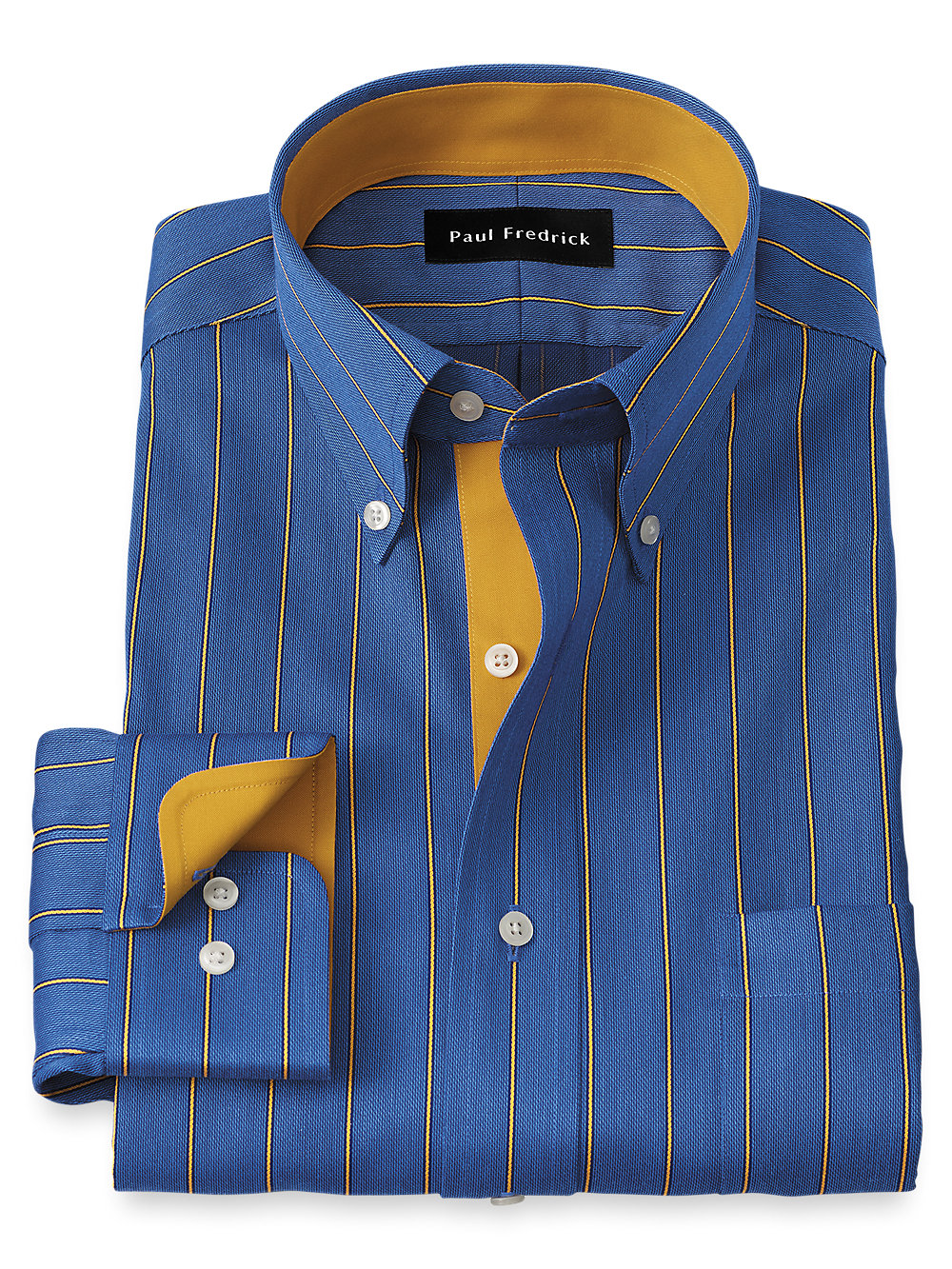 Non Iron Cotton Stripe Dress Shirt With Contrast Trim Navy gold Classic Fit 15 32