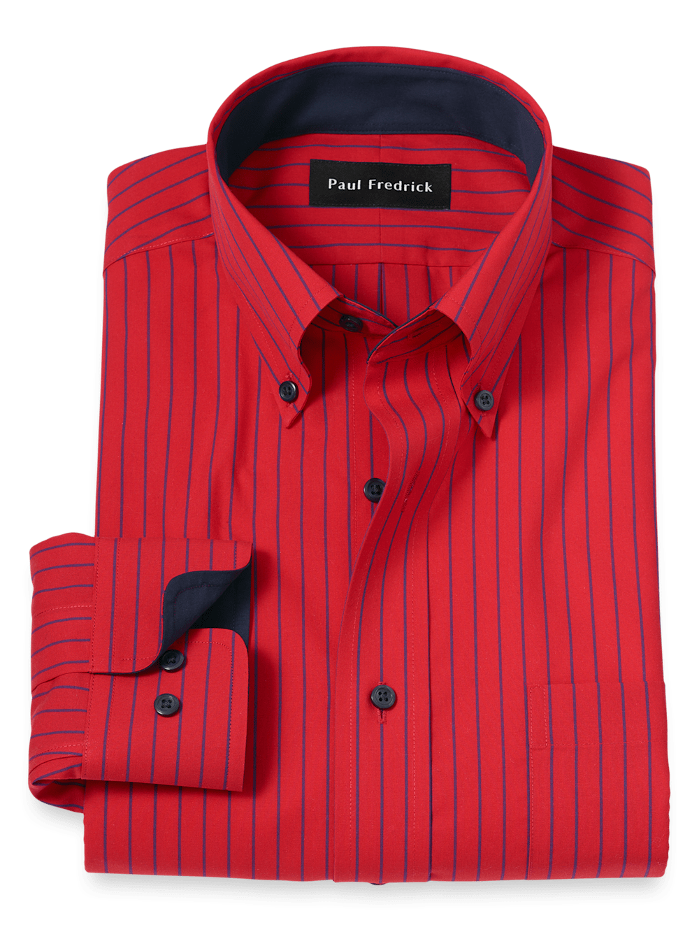 Paul Fredrick Non Iron Cotton Stripe Dress Shirt with Contrast Trim Red Slim Fit 15.5 32