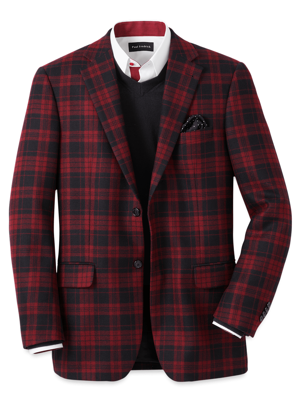 Wool Plaid Single Breasted Notch Lapel Sport Coat Black Red 56 Long