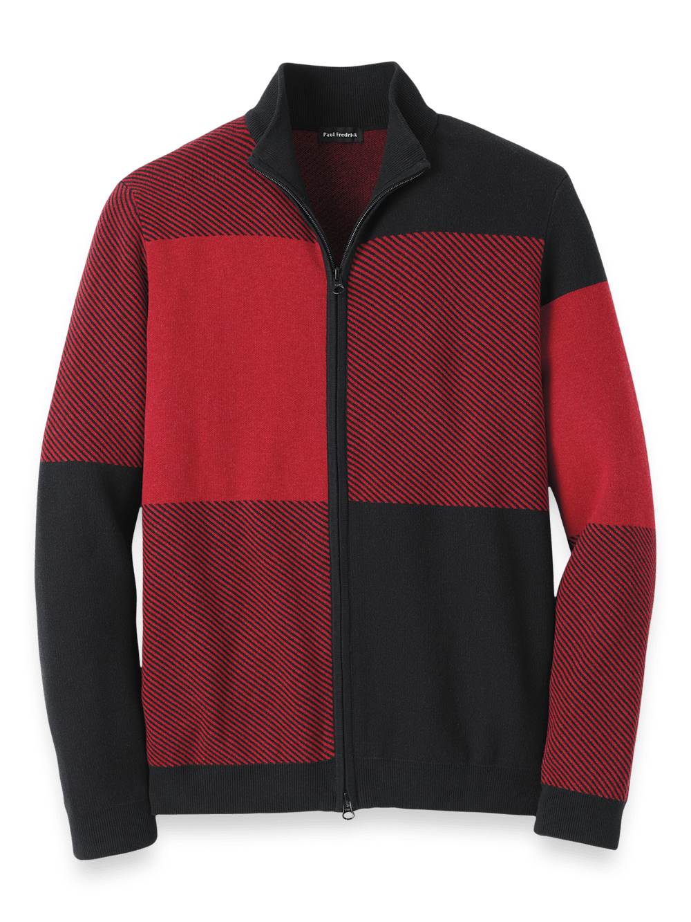 Cotton Full Zip Mock Neck Sweater Red black Paul Fredrick