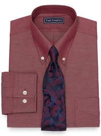 Pure Cotton Pinpoint Solid Color Button Down Collar Dress Shirt - Burgundy