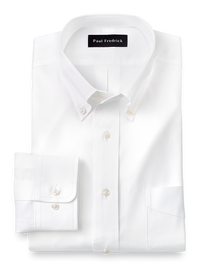 Pure Cotton Pinpoint Solid Color Button Down Collar Dress Shirt - White