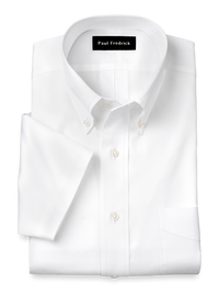 Non-Iron Cotton Pinpoint Solid Button Down Collar Short Sleeve Dress Shirt - White