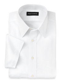 Non-Iron Cotton Pinpoint Solid Point Collar Short Sleeve Dress Shirt - White