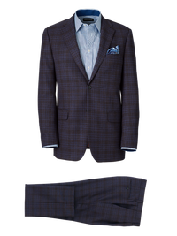 Wool Stretch Plaid Single Breasted Notch Lapel Suit - Brown/navy