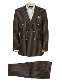 Linen Pinstripe Double Breasted Peak Lapel Suit - Dark Brown