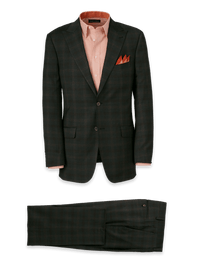 Wool Stretch Plaid Single Breasted Peak Lapel Suit - Dark Olive