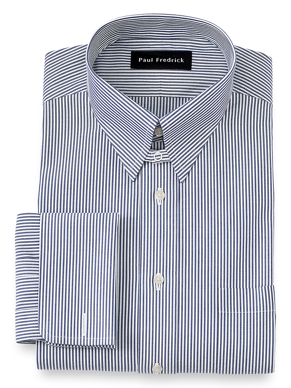 Product Image of Non-iron Cotton Pinpoint Solid Snap Tab Collar French Cuff Dress Shirt-Blue Stripe