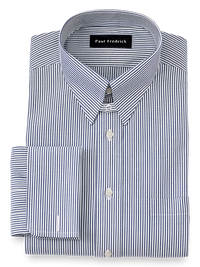 Non-Iron Cotton Pinpoint Solid Snap Tab Collar French Cuff Dress Shirt - Blue Stripe