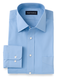 Slim Fit Pure Cotton Broadcloth Solid Color Spread Collar Dress Shirt - Blue