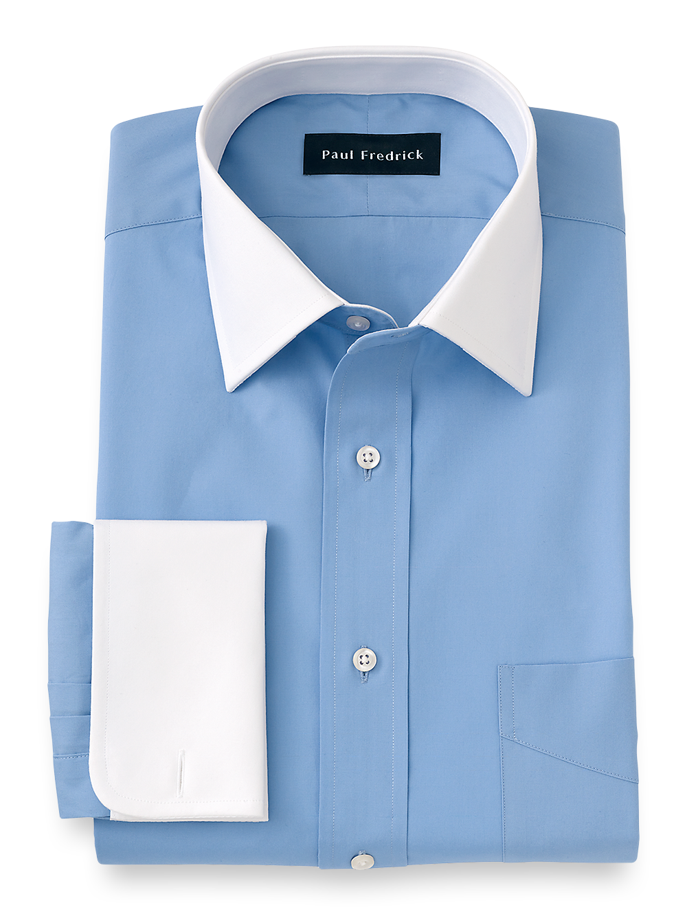 Product Image of Pure Cotton Broadcloth Solid Color White Spread Collar French Cuff Dress Shirt-Blue