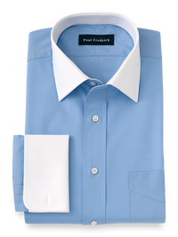 Pure Cotton Broadcloth Solid Color White Spread Collar French Cuff Dress Shirt - Blue