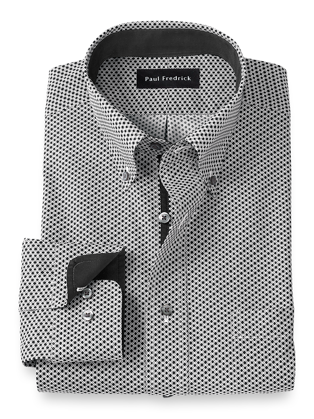 Product Image of Non-iron Cotton Geometric Print Dress Shirt With Contrast Trim-Black/White