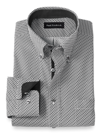 Non-Iron Cotton Geometric Print Dress Shirt With Contrast Trim - Black/white