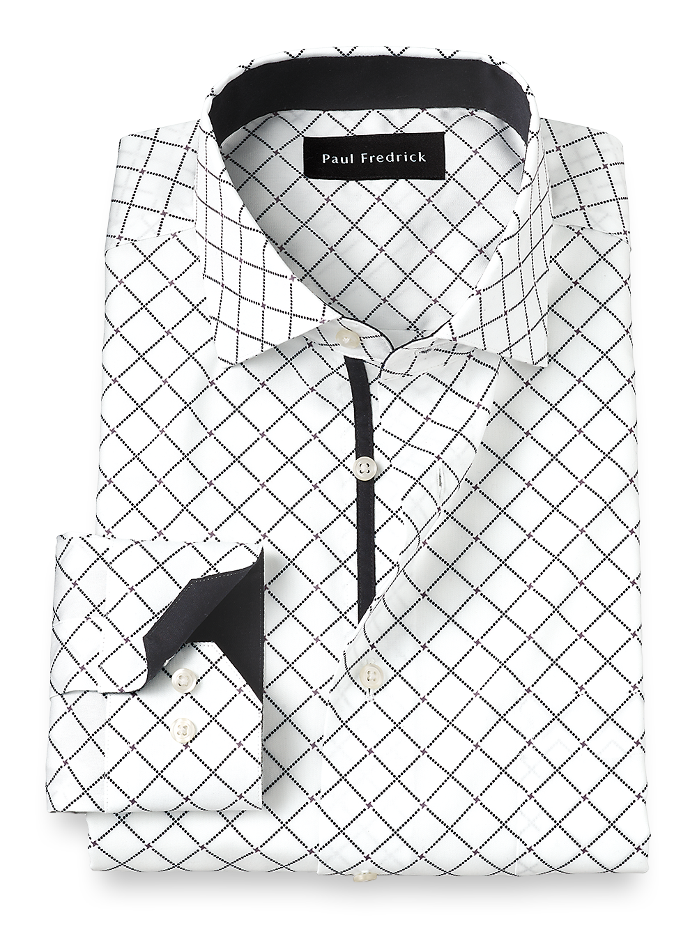 Product Image of Non-iron Cotton Diamond Print Dress Shirt With Contrast Trim-White/Black