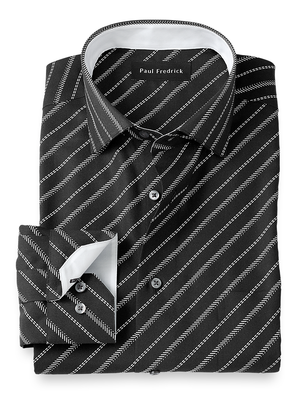 Product Image of Non-iron Cotton Diagonal Stripe Dress Shirt With Contrast Trim-Black/White