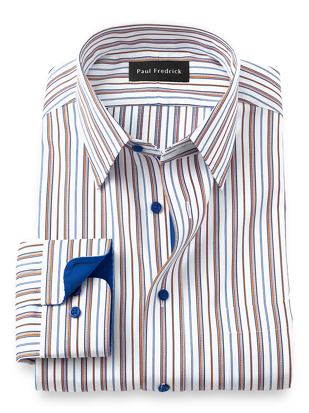 Product Image of Non-iron Cotton Stripe Dress Shirt With Contrast Trim-Blue/Orange