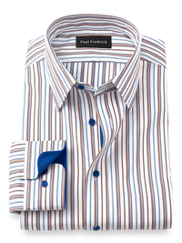 Non-Iron Cotton Stripe Dress Shirt With Contrast Trim - Blue/orange