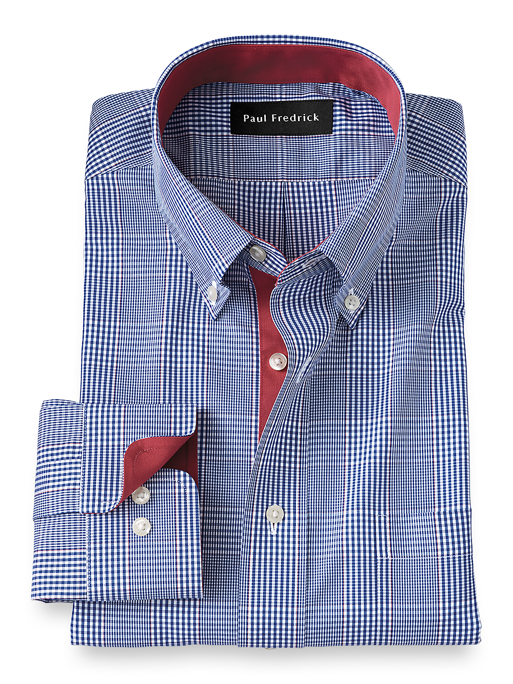 Product Image of Non-iron Cotton Glen Plaid Dress Shirt With Contrast Trim-Blue/Brick