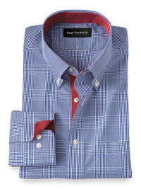 Non-Iron Cotton Glen Plaid Dress Shirt With Contrast Trim - Blue/brick