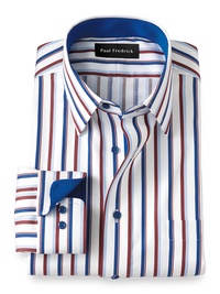 Non-Iron Cotton Stripe Dress Shirt With Contrast Trim - Blue/brick