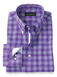 Non-Iron Cotton Glen Plaid Dress Shirt With Contrast Trim - Purple