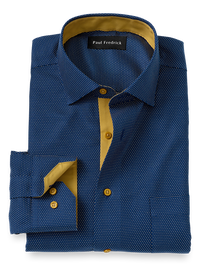 Non-Iron Cotton Dot Dress Shirt With Contrast Trim - Navy/gold