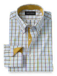 Non-Iron Cotton Windowpane Dress Shirt With Contrast Trim - Blue/yellow