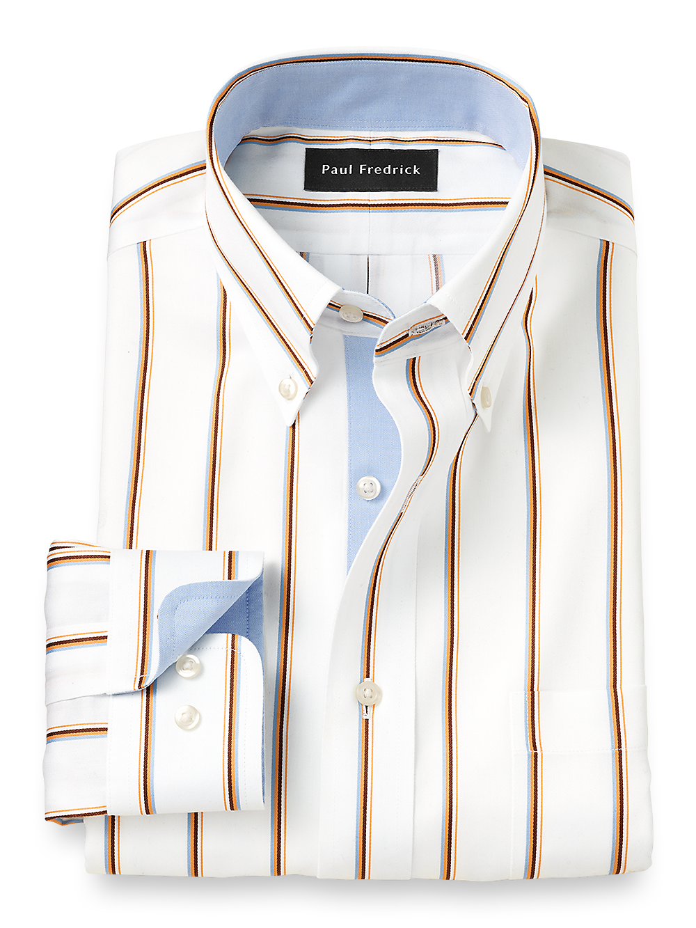 Product Image of Non-iron Cotton Stripe Dress Shirt With Contrast Trim-Blue/Melon