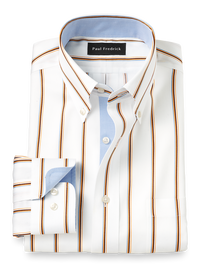 Non-Iron Cotton Stripe Dress Shirt With Contrast Trim - Blue/melon