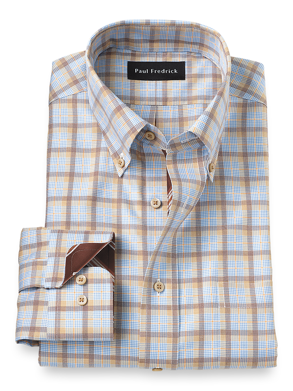 Product Image of Non-iron Cotton Check Dress Shirt With Contrast Trim-Blue/Melon