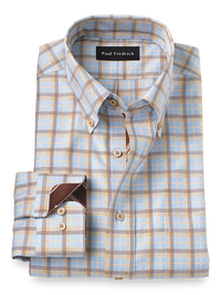 Non-Iron Cotton Check Dress Shirt With Contrast Trim - Blue/melon