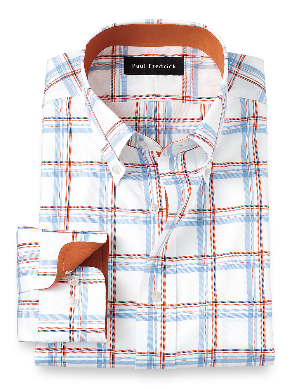 Product Image of Non-iron Cotton Check Dress Shirt With Contrast Trim-Blue/Melon