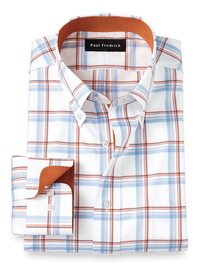 Non-Iron Cotton Check Dress Shirt With Contrast Trim - Blue/melon