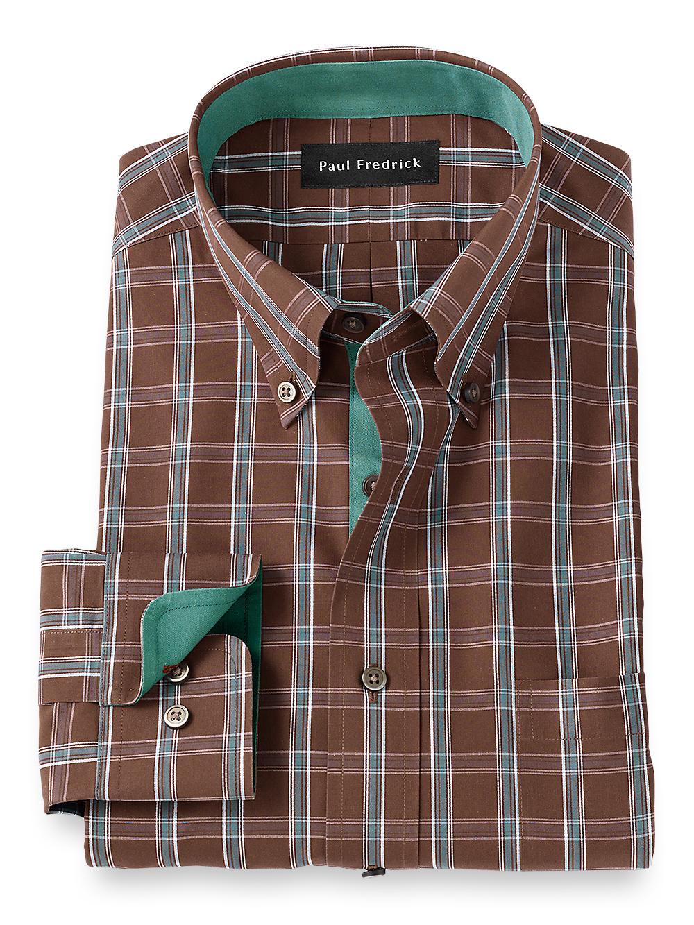 Product Image of Non-iron Cotton Windowpane Dress Shirt With Contrast Trim-Brown