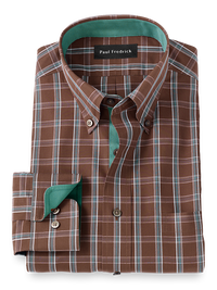 Non-Iron Cotton Windowpane Dress Shirt With Contrast Trim - Brown