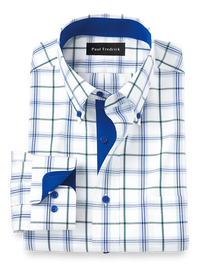 Non-Iron Cotton Tattersall Dress Shirt With Contrast Trim - Blue/green