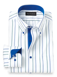 Non-Iron Cotton Stripe Dress Shirt With Contrast Trim - Blue/green