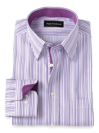 Non-Iron Cotton Stripe Dress Shirt With Contrast Trim - Purple