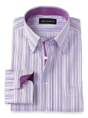 Non-Iron Cotton Stripe Dress Shirt With Contrast Trim - Purple