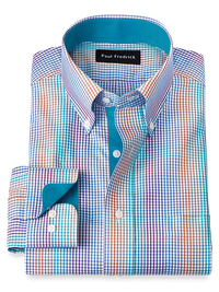 Non-Iron Cotton Tattersall Dress Shirt With Contrast Trim - Multi