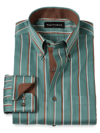 Non-Iron Cotton Stripe Dress Shirt With Contrast Trim - Pine Green