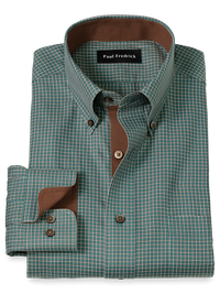 Non-Iron Cotton Check Dress Shirt With Contrast Trim - Pine Green