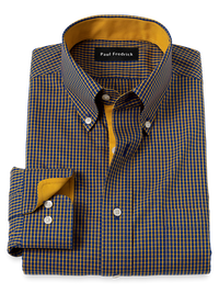 Non-Iron Cotton Check Dress Shirt With Contrast Trim - Navy/gold