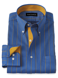 Non-Iron Cotton Stripe Dress Shirt With Contrast Trim - Navy/gold