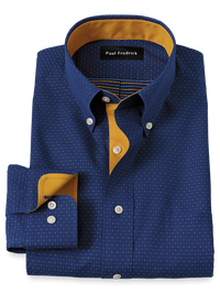 Non-Iron Cotton Dot Dress Shirt With Contrast Trim - Navy/gold