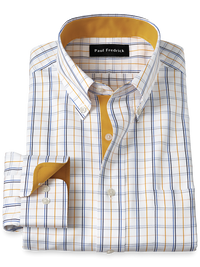 Non-Iron Cotton Windowpane Dress Shirt With Contrast Trim - White/gold