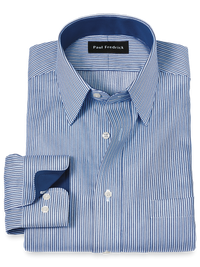 Non-Iron Cotton Stripe Dress Shirt With Contrast Trim - Blue