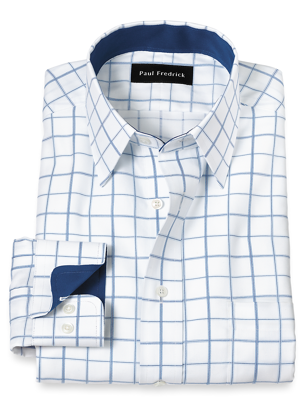 Product Image of Non-iron Cotton Windowpane Dress Shirt With Contrast Trim-White/Blue