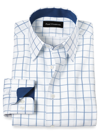 Non-Iron Cotton Windowpane Dress Shirt With Contrast Trim - White/blue